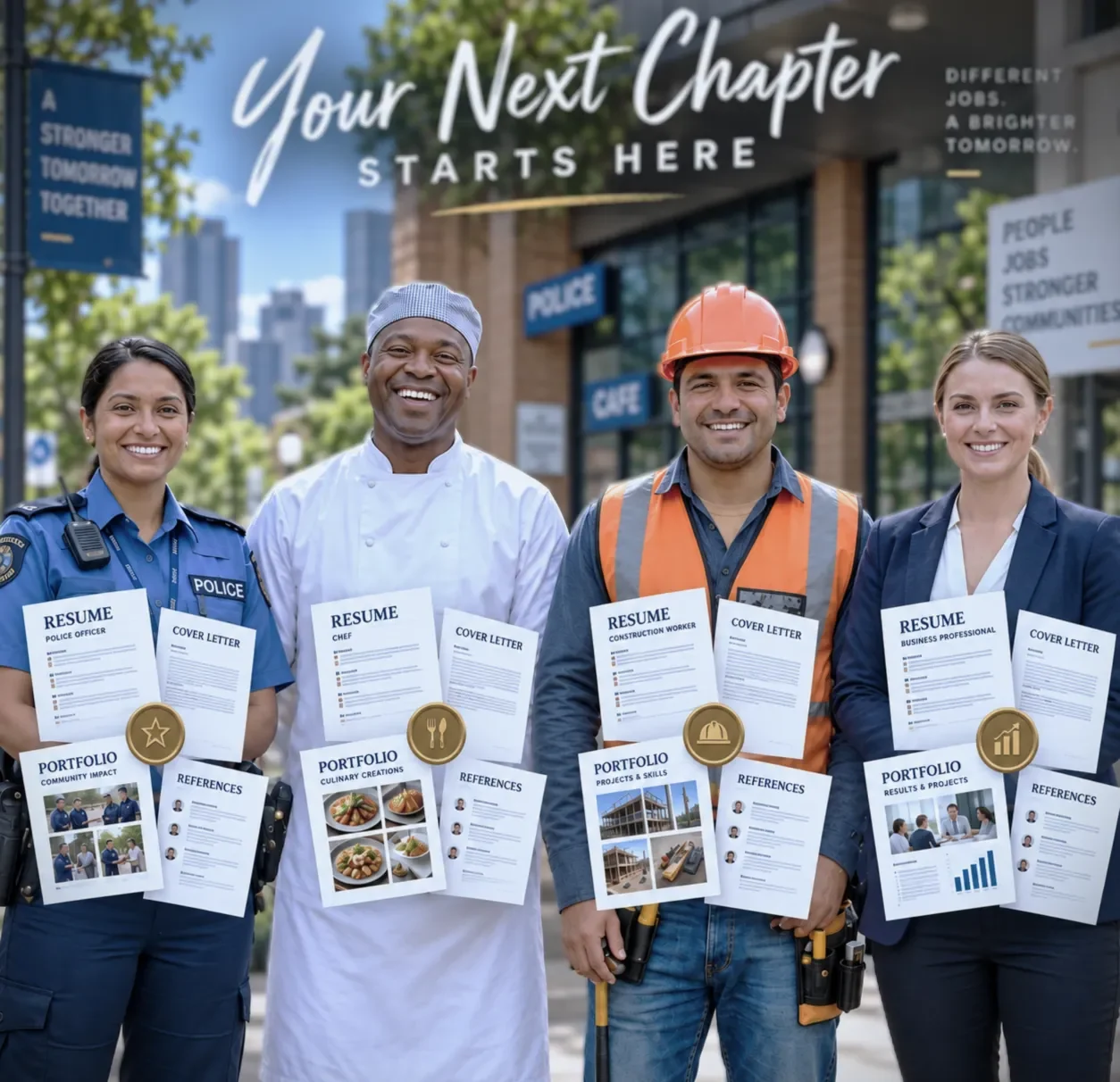 Workers from different industries holding their resumes and portfolios